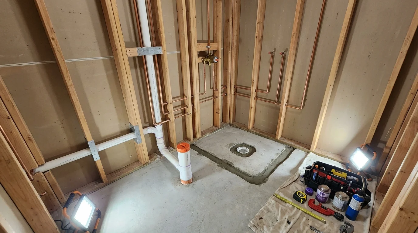 Bathroom rough-in plumbing during remodel by Johns Plumbing LLC in Little River