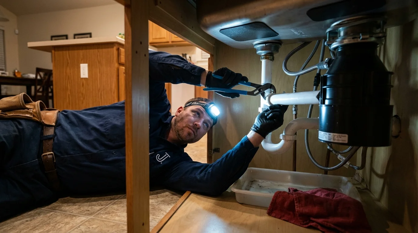 P-trap and supply line connections under a kitchen sink showing a common leak point in Little River, SC